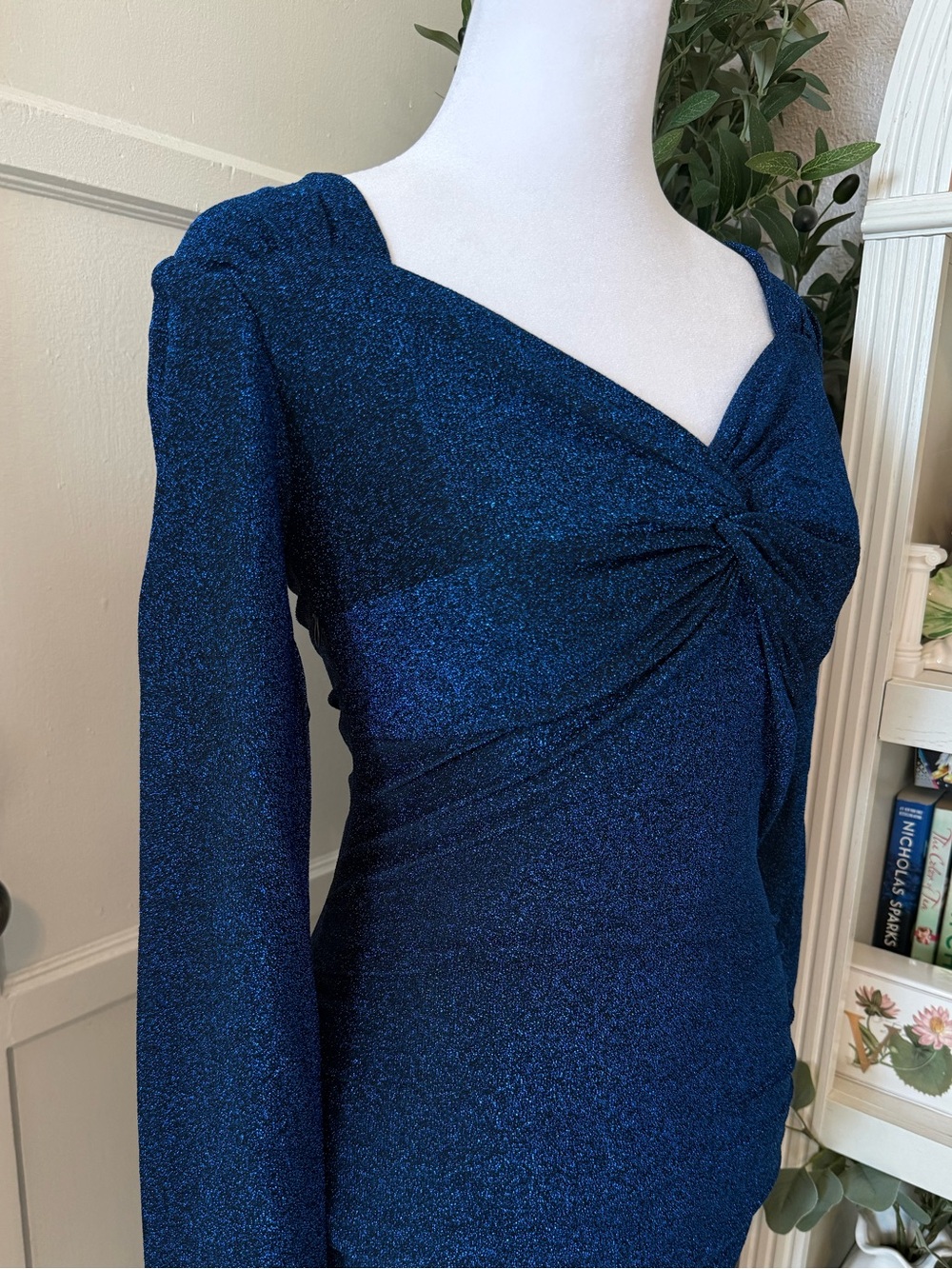Women's Navy Blue Sparkly Long Sleeve Twist-Front Dress